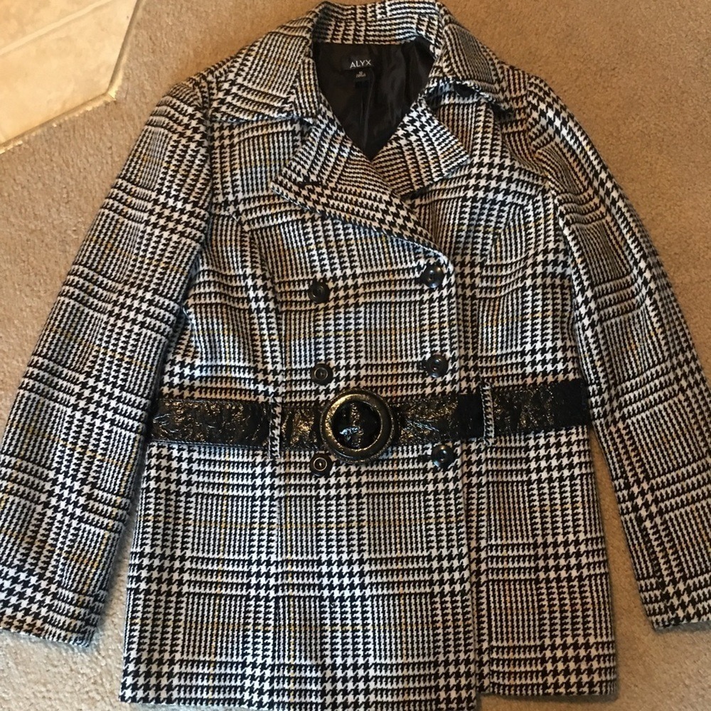 ALYX Houndstooth Pea Coat Black‎ White Double Breasted Belted Jacket Womens 12